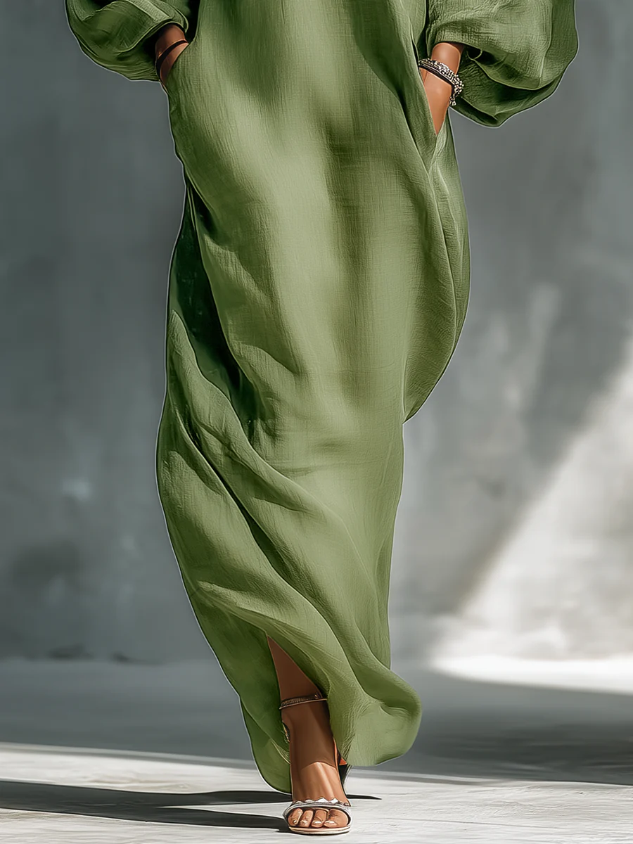Anika | Grünes Maxikleid mit offenen Schultern und Ballonärmeln