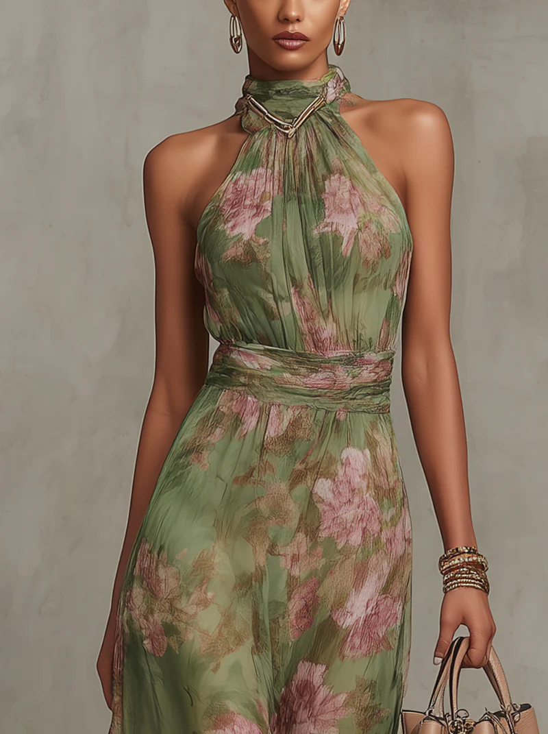 Firenze | Grünes Maxikleid aus floralem Chiffon mit Neckholder-Ausschnitt