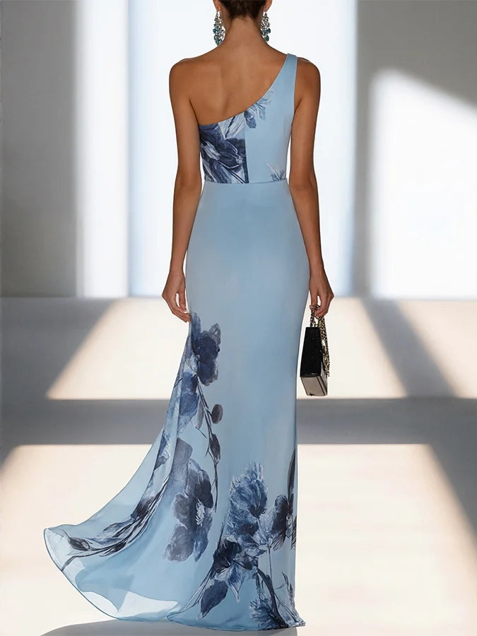 Victoria | Schulterfreies Maxikleid mit Satinprint