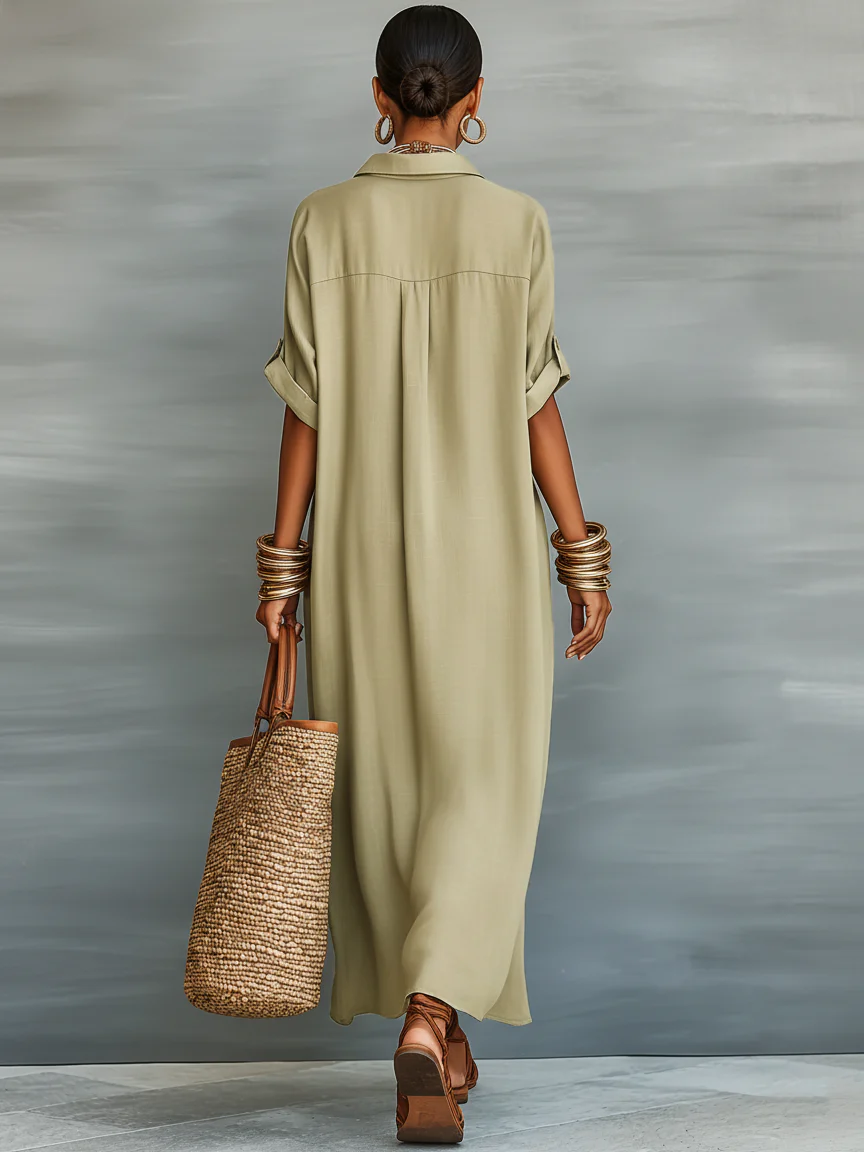 Manelle | Langes Kleid in Olivgrün mit minimalistischen Schnitten