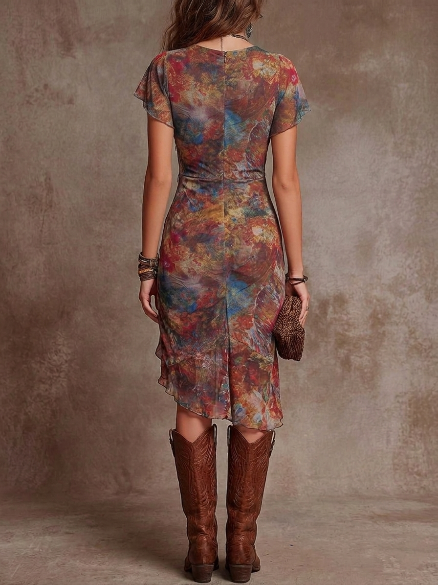 Midi-Kleid mit V-Ausschnitt und Plissee im Stil der böhmischen abstrakten Kunst