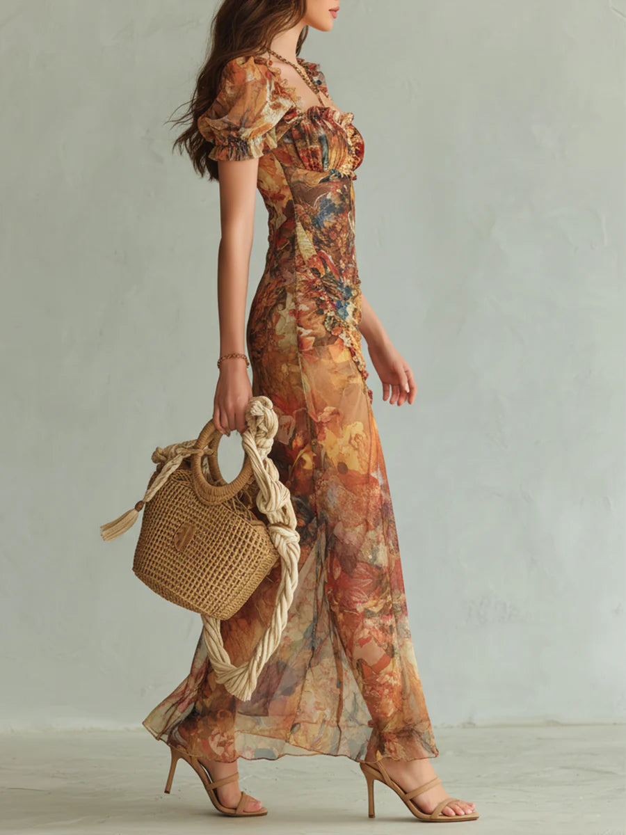 Lila - Langes orangefarbenes Chiffonkleid mit Ölprint im Bohème-Stil