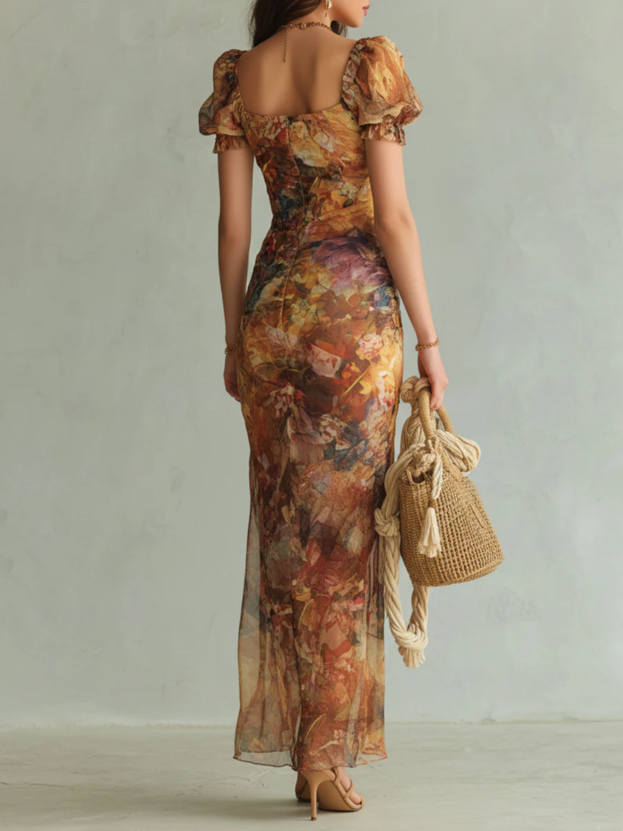 Lila - Langes orangefarbenes Chiffonkleid mit Ölprint im Bohème-Stil