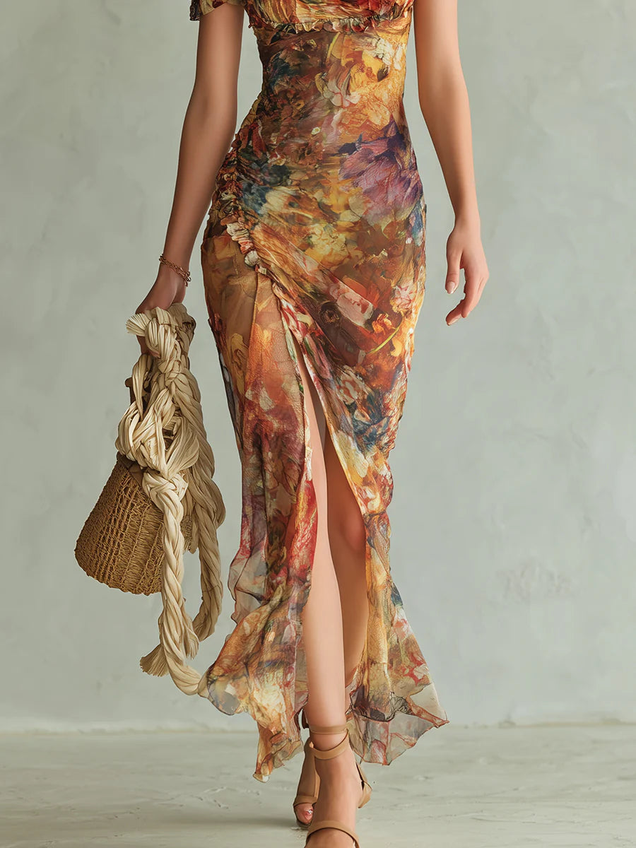 Lila - Langes orangefarbenes Chiffonkleid mit Ölprint im Bohème-Stil
