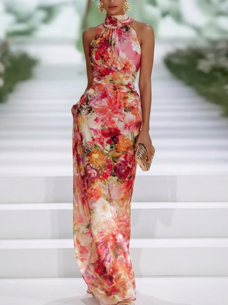 Fae | Rotes ärmelloses Maxikleid aus Chiffon mit Blumen