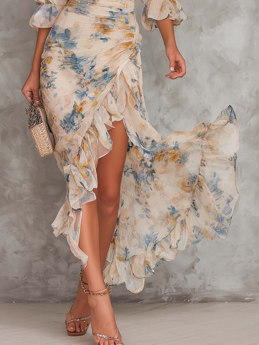 Béatrice | Chiffon-Maxikleid mit Rollkragen und Blumenmuster