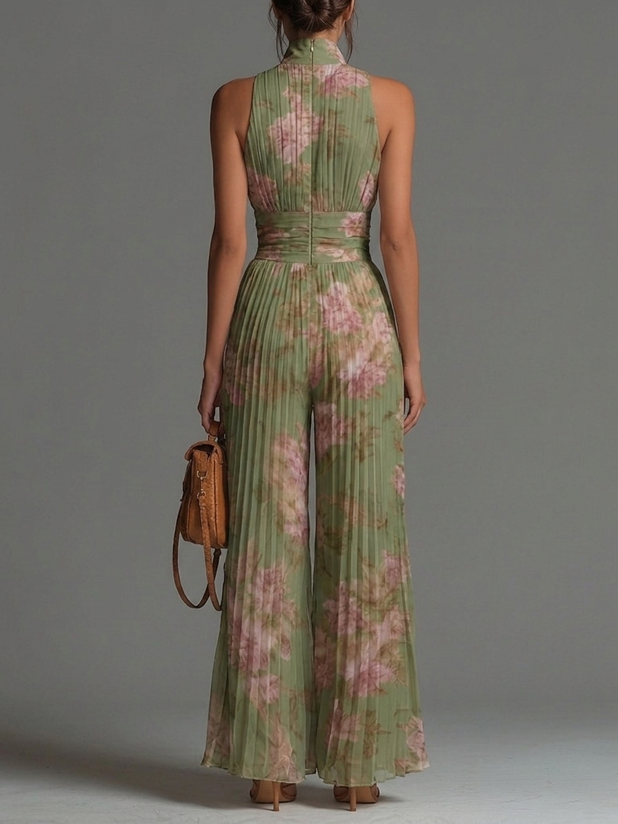 Esméralda | Geblümter Chiffon-Jumpsuit mit V-Ausschnitt und weitem Bein