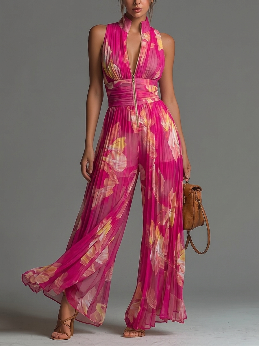Océane | Fuchsiafarbener Chiffon-Jumpsuit mit Blumenmuster und weitem Bein