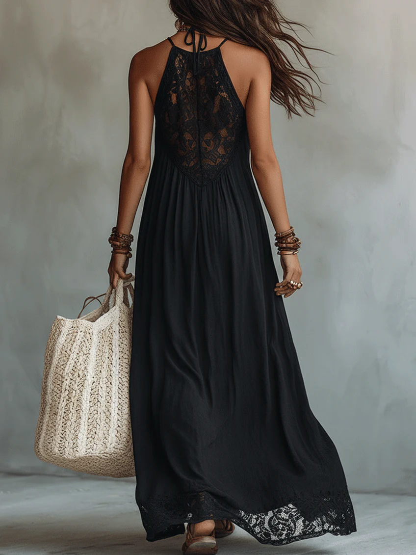 Zélie | Schwarzes Boho-Maxikleid mit Spitzenbesatz