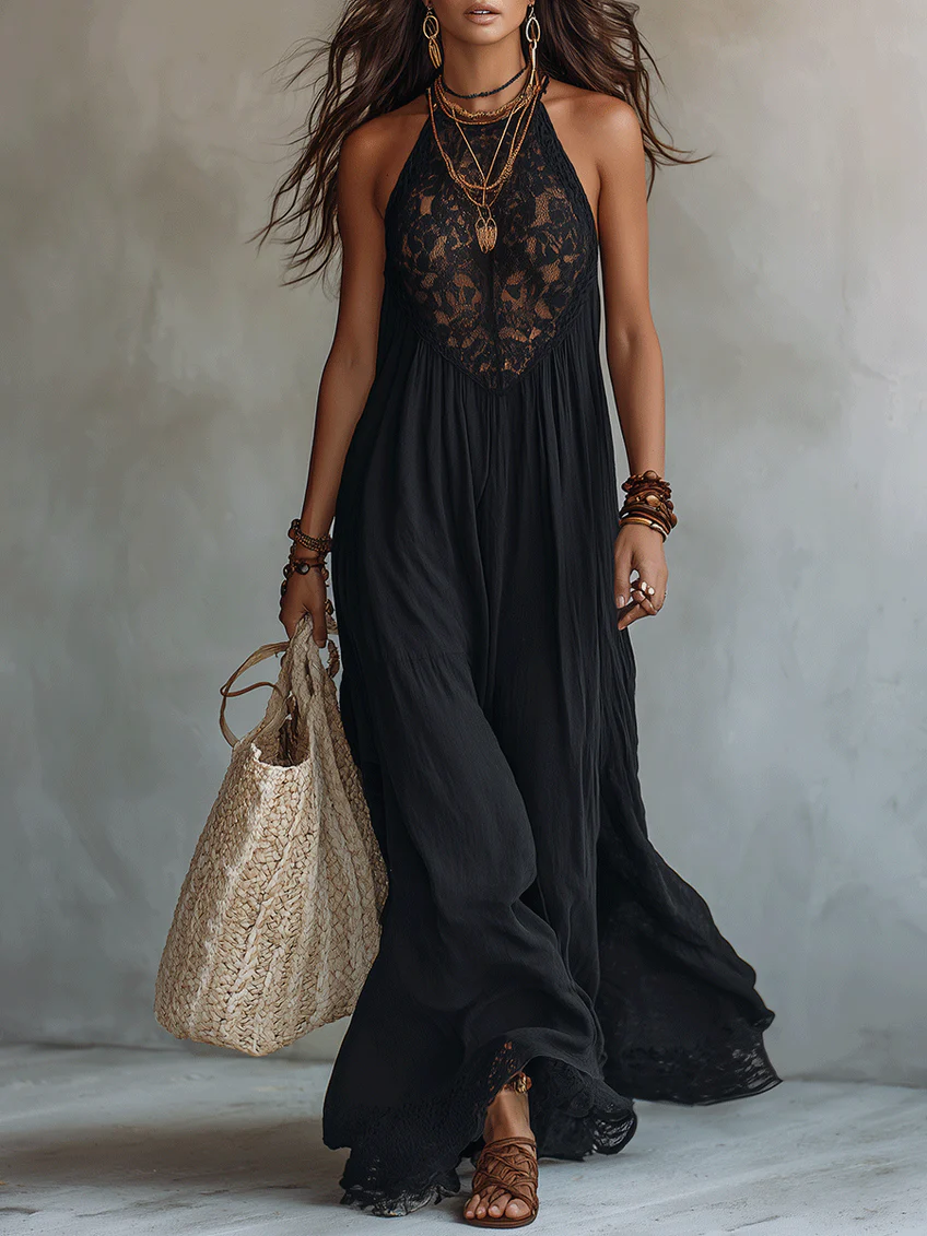 Zélie | Schwarzes Boho-Maxikleid mit Spitzenbesatz