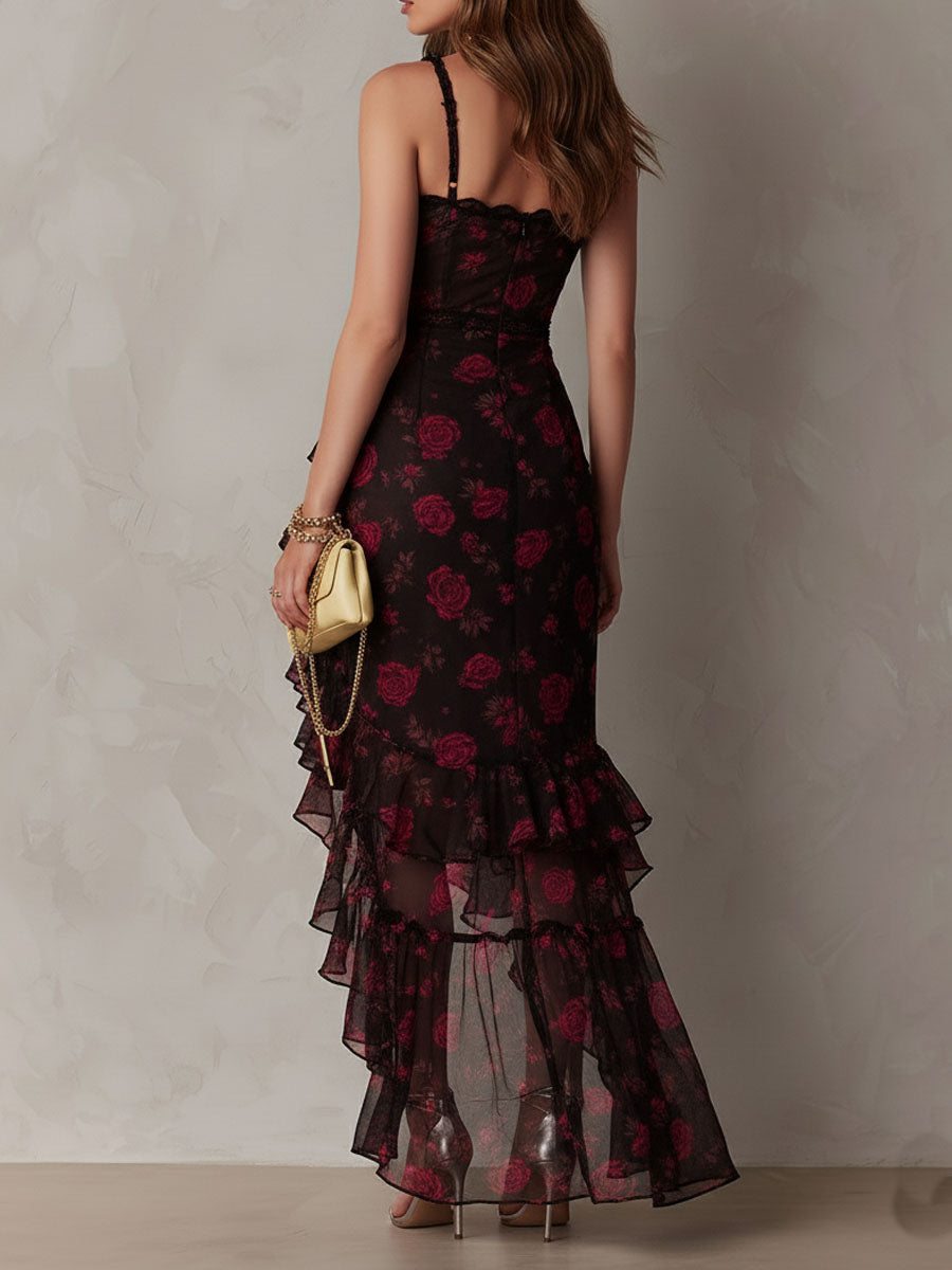 Edith | Kurzes schwarzes und rotes Blumenkleid mit Drapierung und Volantsaum