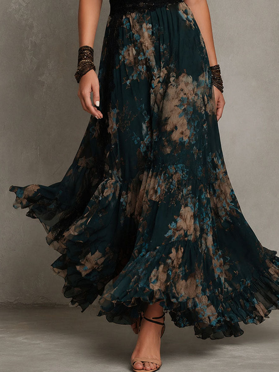 Lucia | Dunkelgrünes Vintage-Maxikleid aus Chiffon mit floraler Spitze
