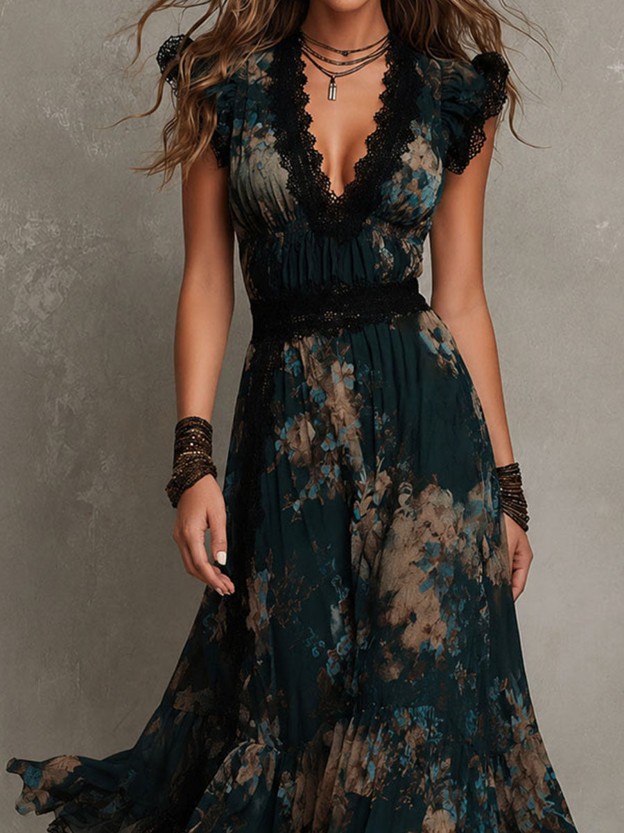 Lucia | Dunkelgrünes Vintage-Maxikleid aus Chiffon mit floraler Spitze