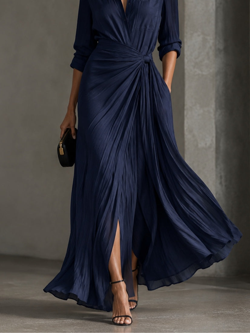 Gabrielle | Elegantes marineblaues Hemdblusen-Maxikleid mit Bindetail