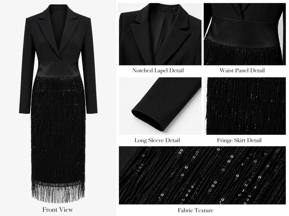 Loredana | Schwarzes Midikleid im Blazer-Stil mit Pailletten und Fransen