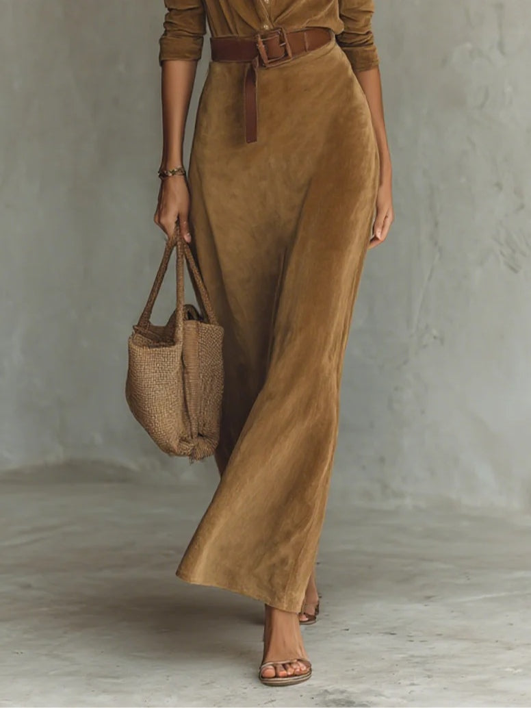 Einreihiges Wildleder-Maxikleid mit Revers
