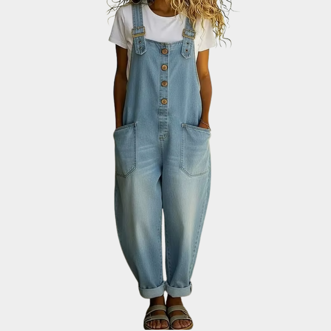 Mae | Vintage Soft Cotton Denim-Look Overalls mit verstellbaren Trägern