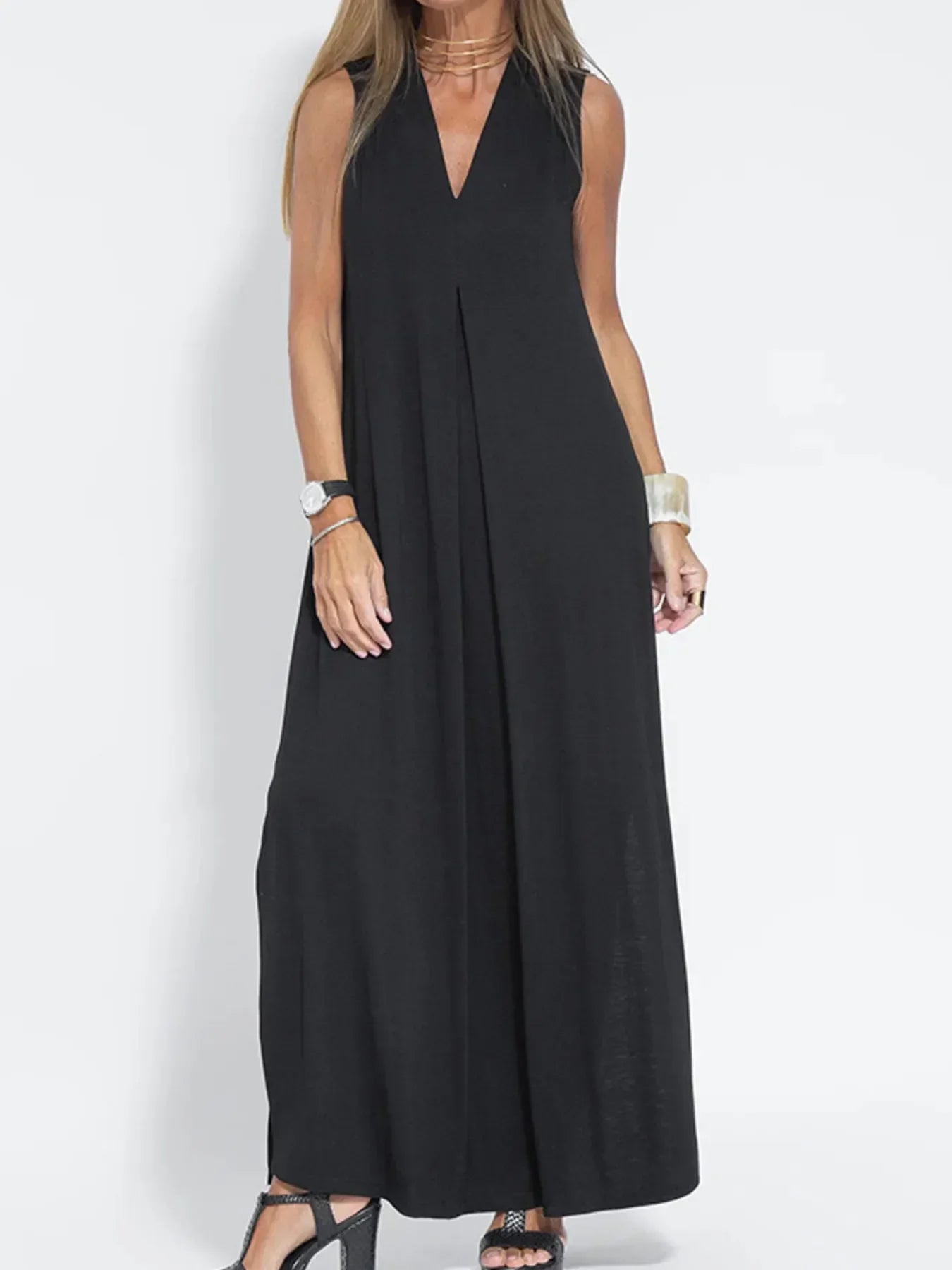 Ärmelloses Maxikleid mit V-Ausschnitt und Schlitz Große Größen