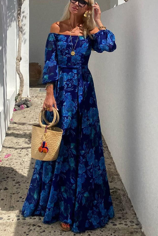 Luna™ | Langes Kleid mit Blumenmuster und schulterfreien Ärmeln