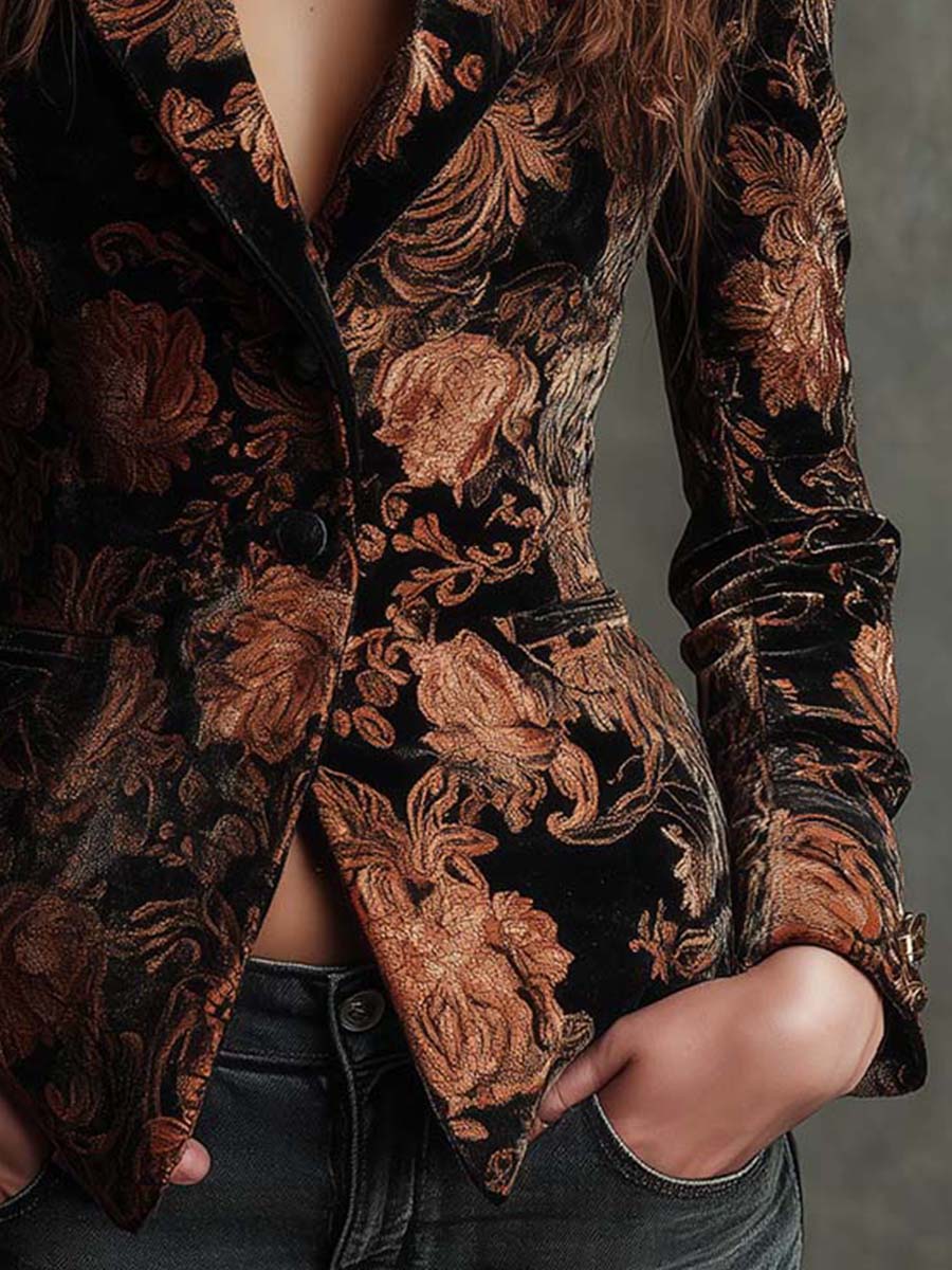 Damen Taillierter Blazer in Schwarz und Bronze mit Blumenmuster
