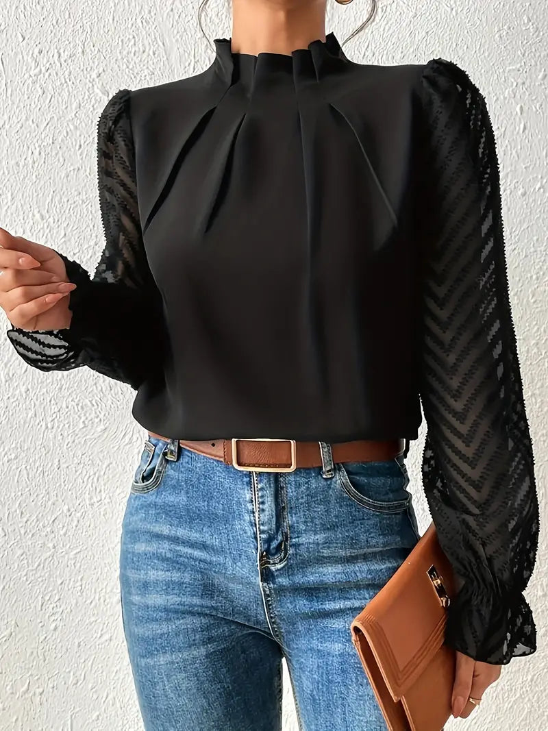 Kolbrun | Schicker plissierter top mit netzärmeln für damen