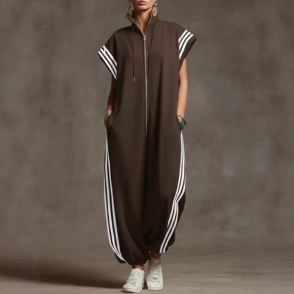 Elvara™ | Gestreifter Jumpsuit in Kontrastfarben mit Stehkragen und Reissverschluss