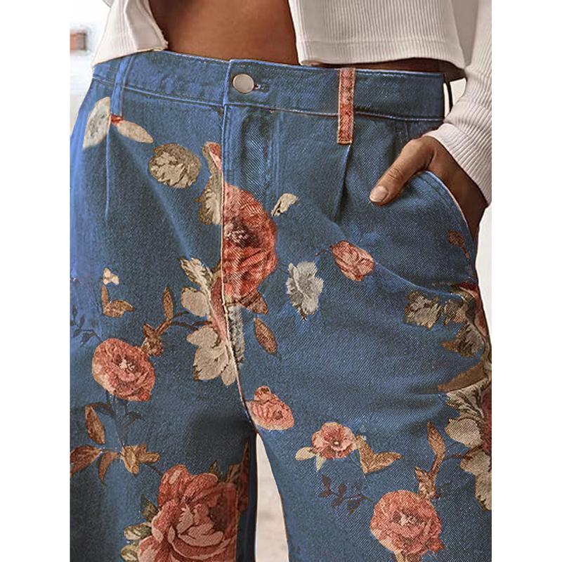 Florale Weite Rohre Hohe Taille Freizeithosen