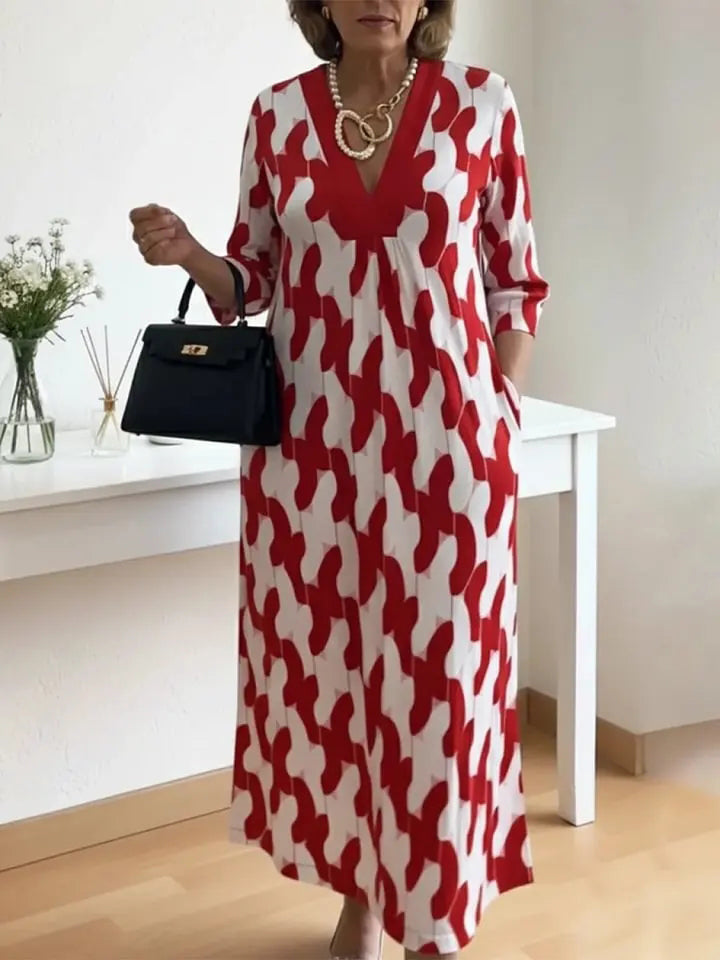 Elara – Midi Kleid mit künstlerischem Print und V-Ausschnitt