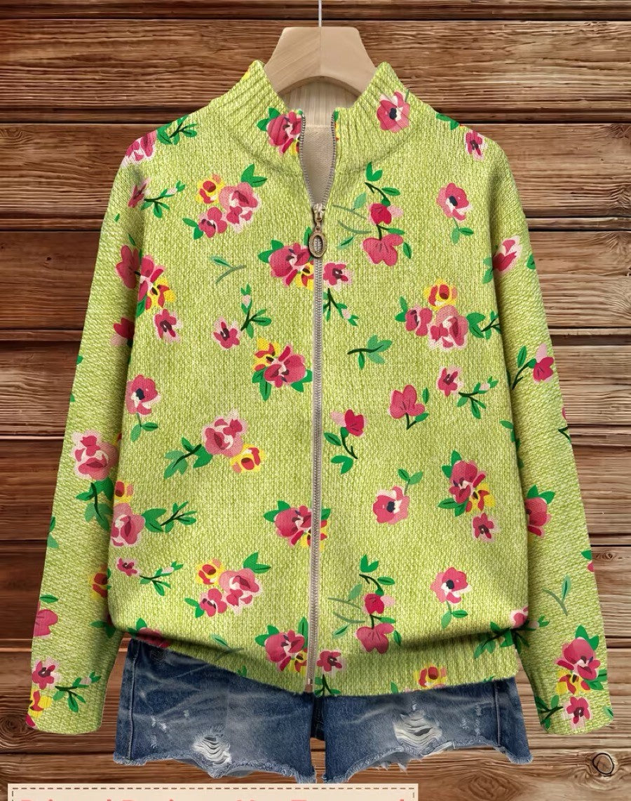 Constance™ | Reißverschluss-Cardigan mit rosa Blumen auf Limettengrün