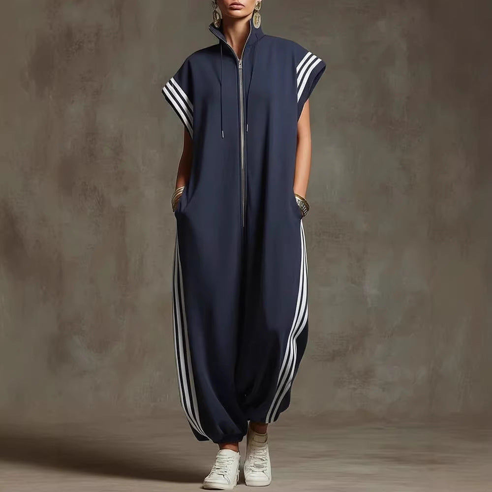 Elvara™ | Gestreifter Jumpsuit in Kontrastfarben mit Stehkragen und Reissverschluss