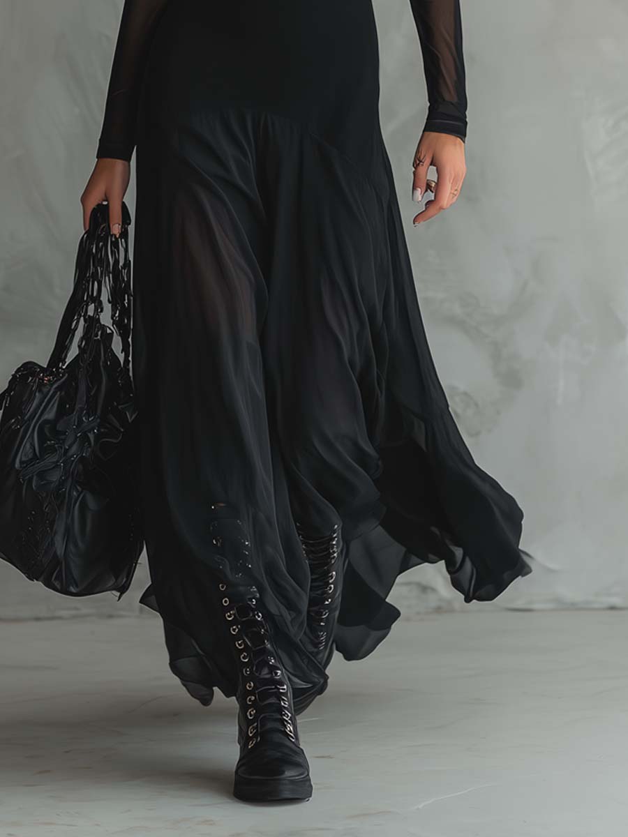 Emma™ | Schwarzes Maxikleid mit transparenten Ärmeln