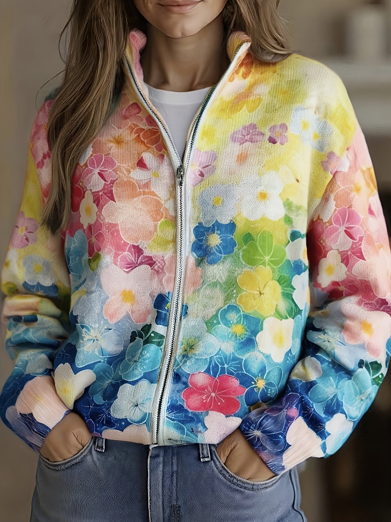 Augusta™ | Reißverschluss-Cardigan mit Aquarell-Blumenverlauf