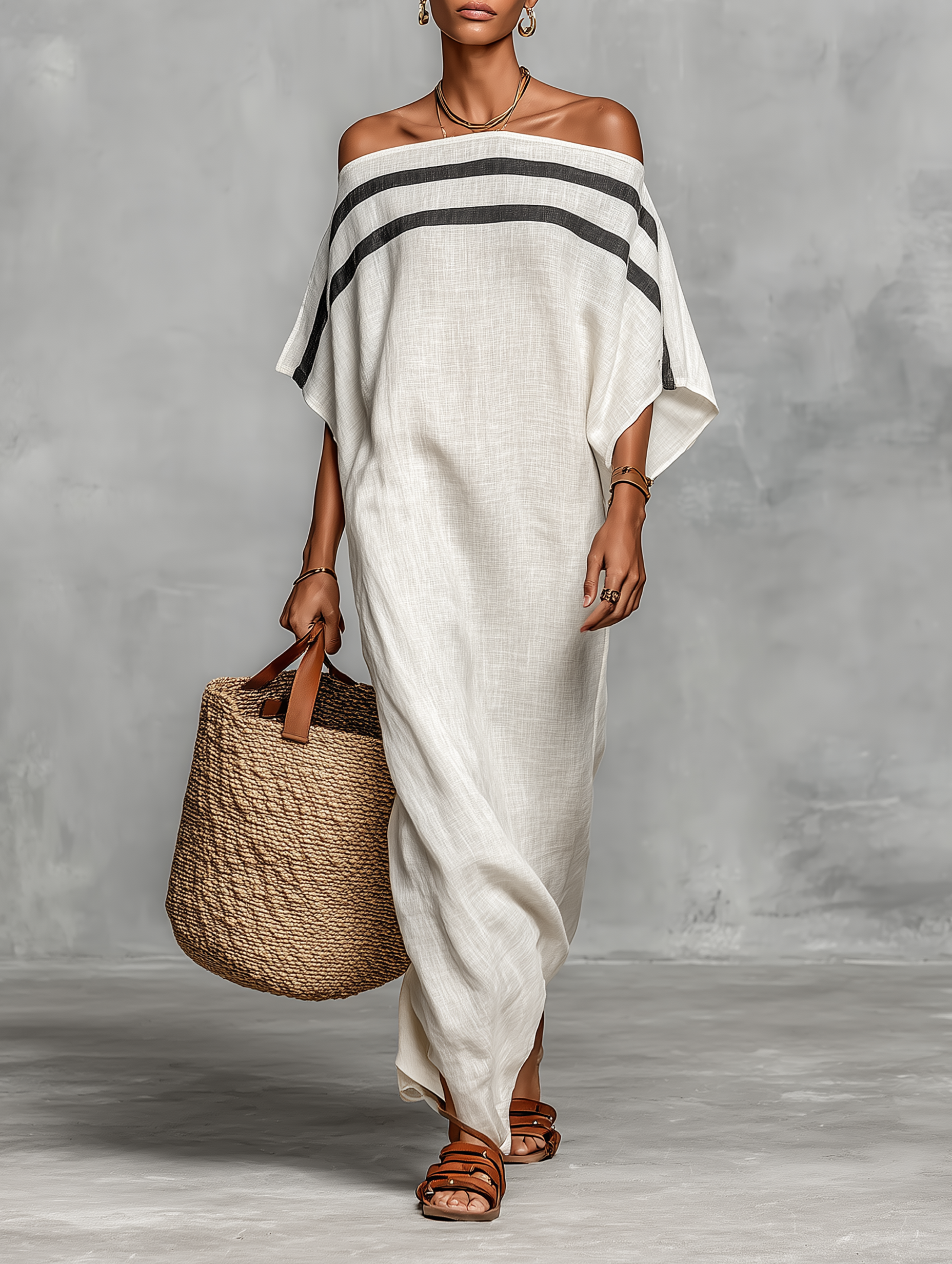 Minimalistisches Maxikleid aus Leinen für Frauen mit Off-the-Shoulder-Ausschnitt und Chauvet-Maus-Ärmeln