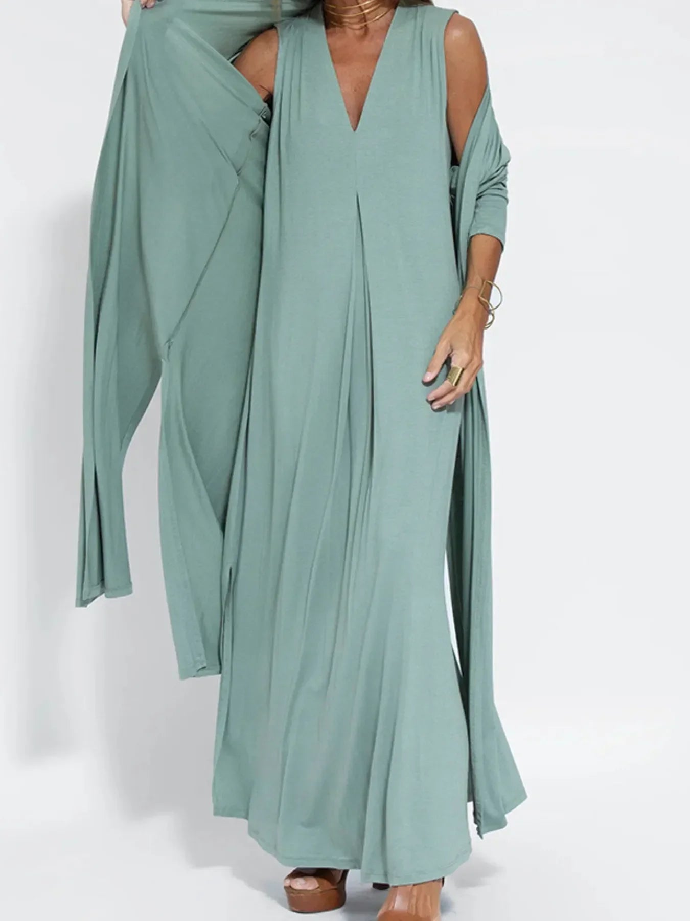 Ärmelloses Maxikleid mit V-Ausschnitt und Schlitz Große Größen