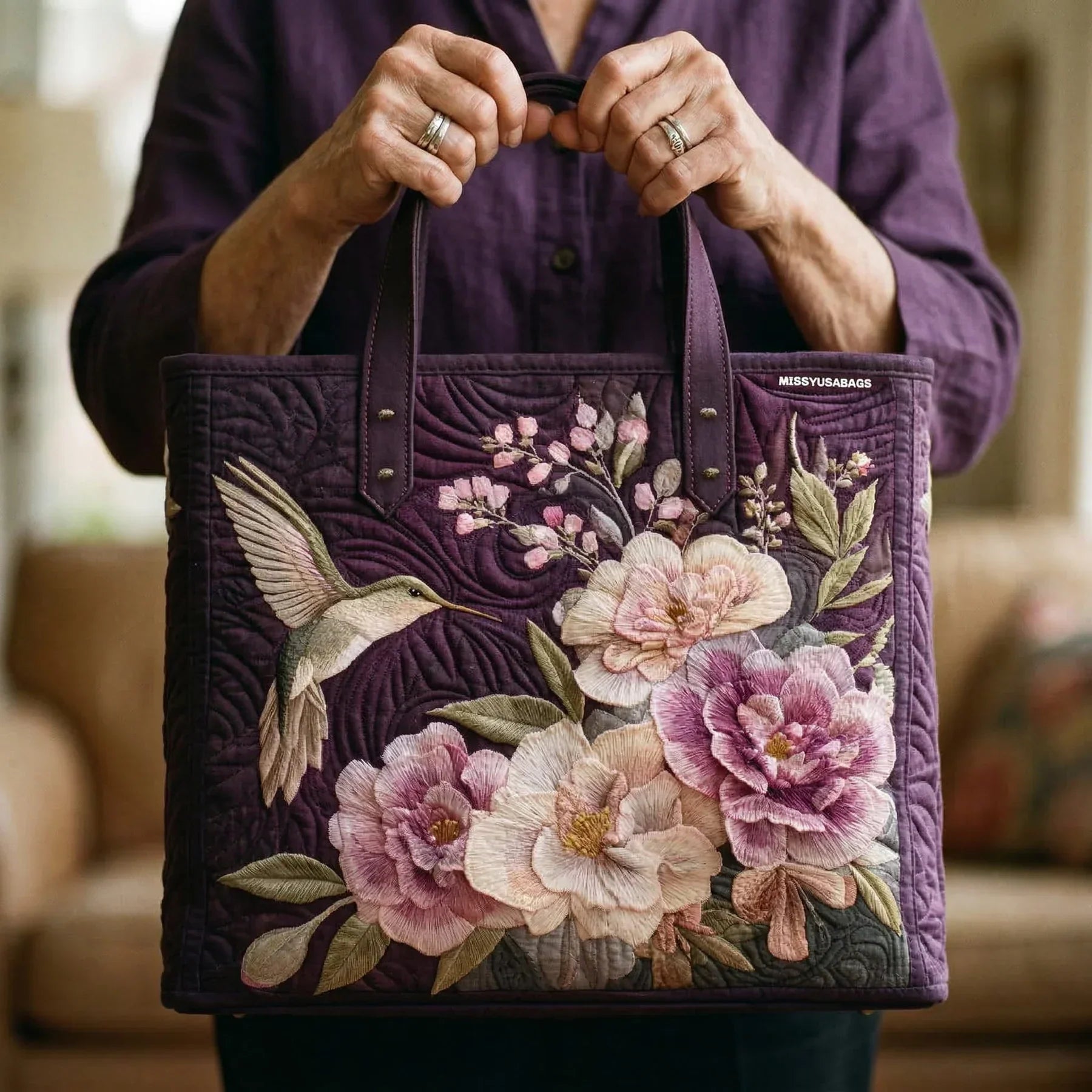 Handgefertigte, gesteppte Tasche - Kolibris und Orchideen