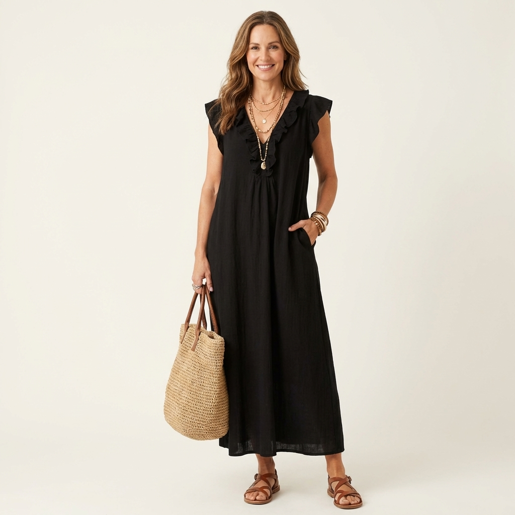 Josette | Maxikleid aus Leinen mit Rüschen und V-Ausschnitt