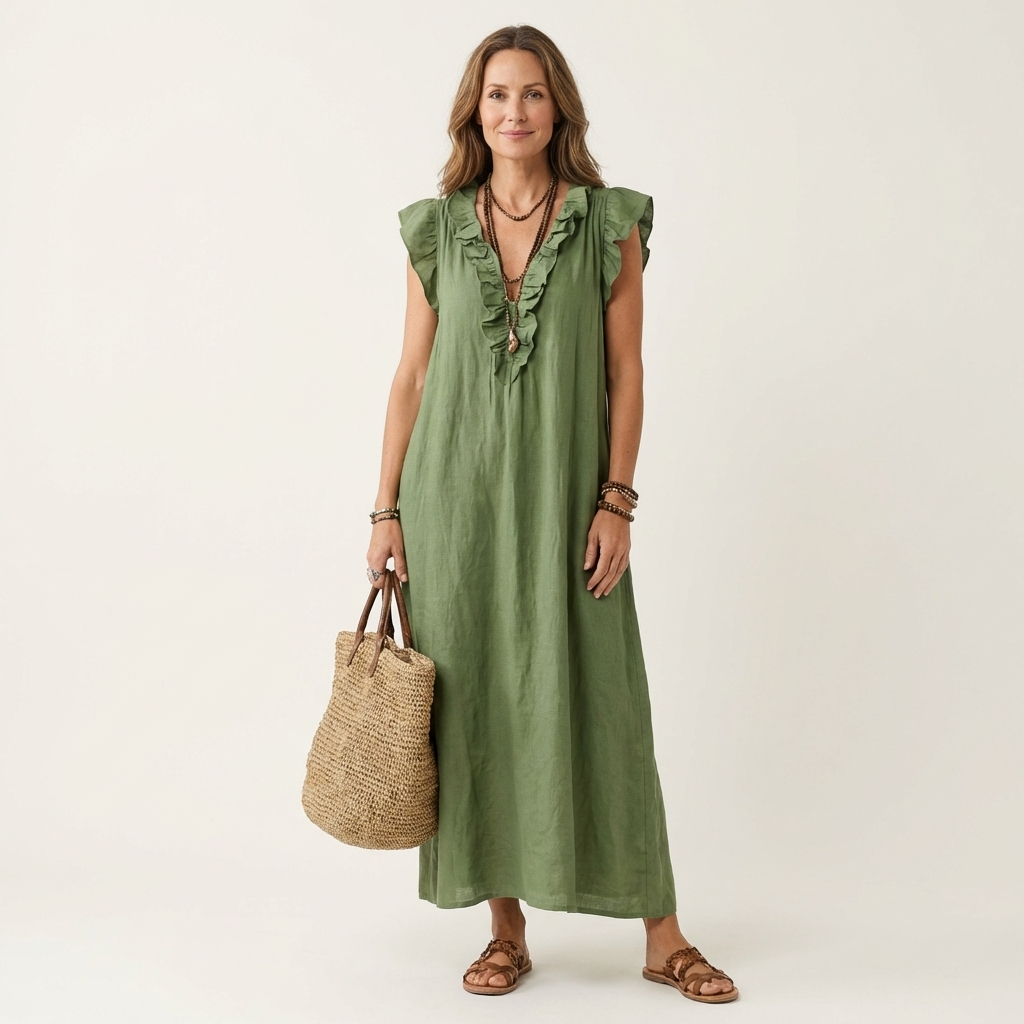 Josette | Maxikleid aus Leinen mit Rüschen und V-Ausschnitt