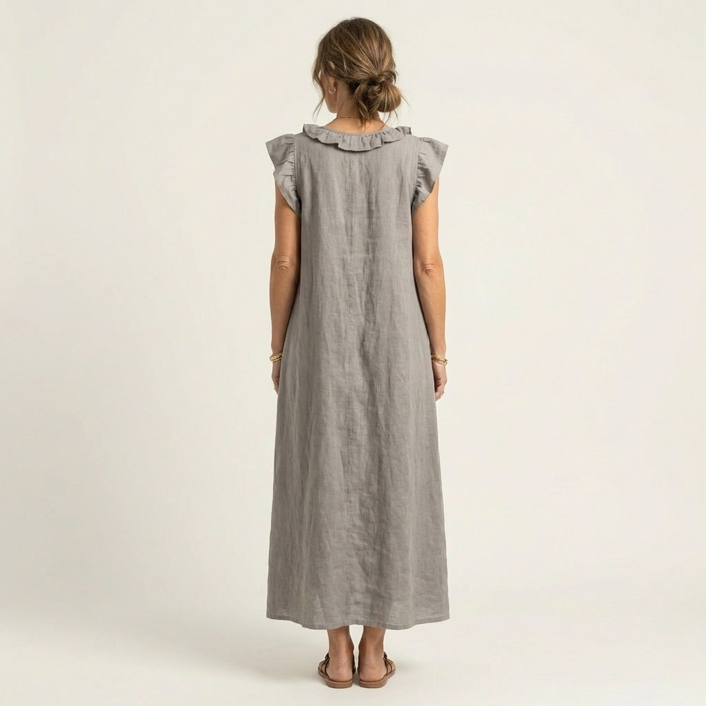 Josette | Maxikleid aus Leinen mit Rüschen und V-Ausschnitt