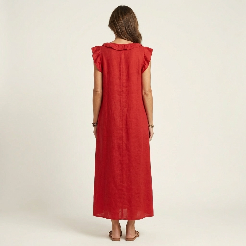 Josette | Maxikleid aus Leinen mit Rüschen und V-Ausschnitt