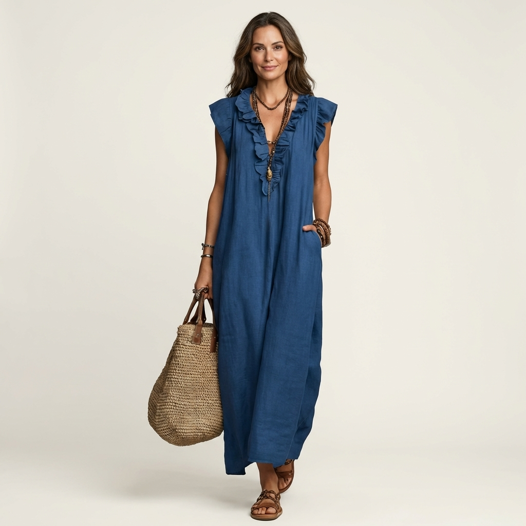 Josette | Maxikleid aus Leinen mit Rüschen und V-Ausschnitt