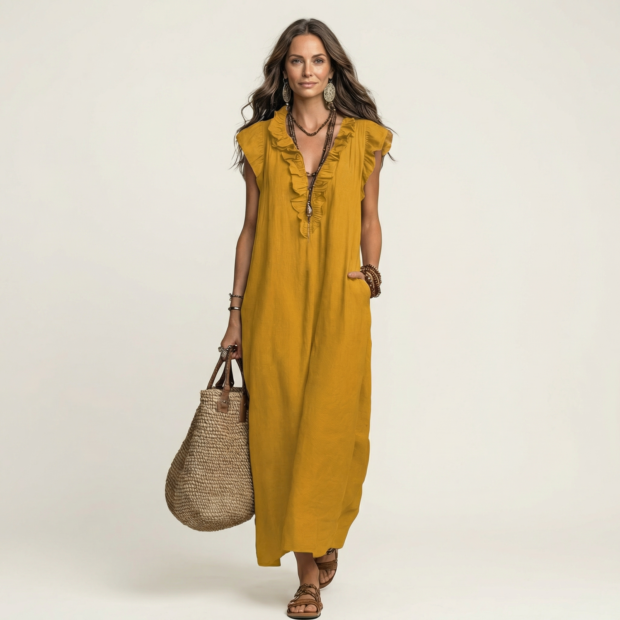 Anita – Langes Kleid mit V-Ausschnitt und Rüschen