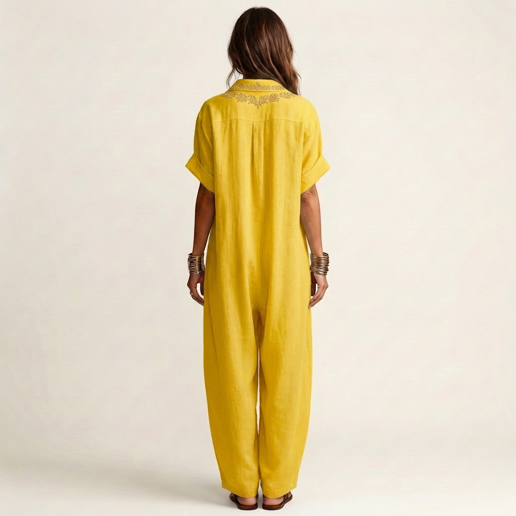 Amarina | Maxikleid aus Leinen mit besticktem V-Ausschnitt