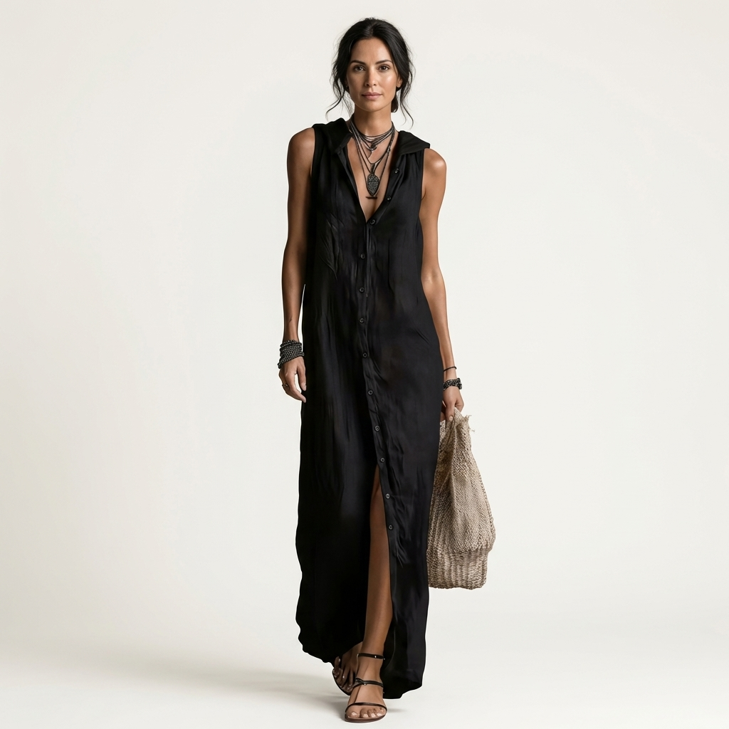 Mirabell | Ärmelloses Leinen-Maxikleid mit Kapuze und Knopfleiste vorne