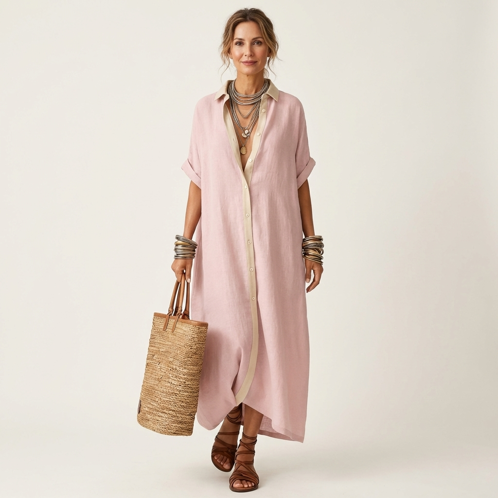 Kamira | Maxikleid im Hemdstil mit kontrastierendem Kragen, Knopfleiste und kurzen Ärmeln