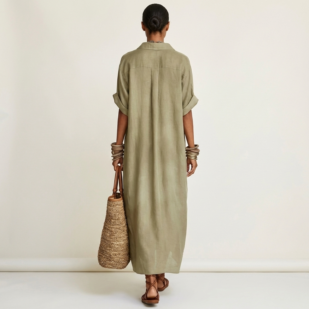 Kamira | Maxikleid im Hemdstil mit kontrastierendem Kragen, Knopfleiste und kurzen Ärmeln