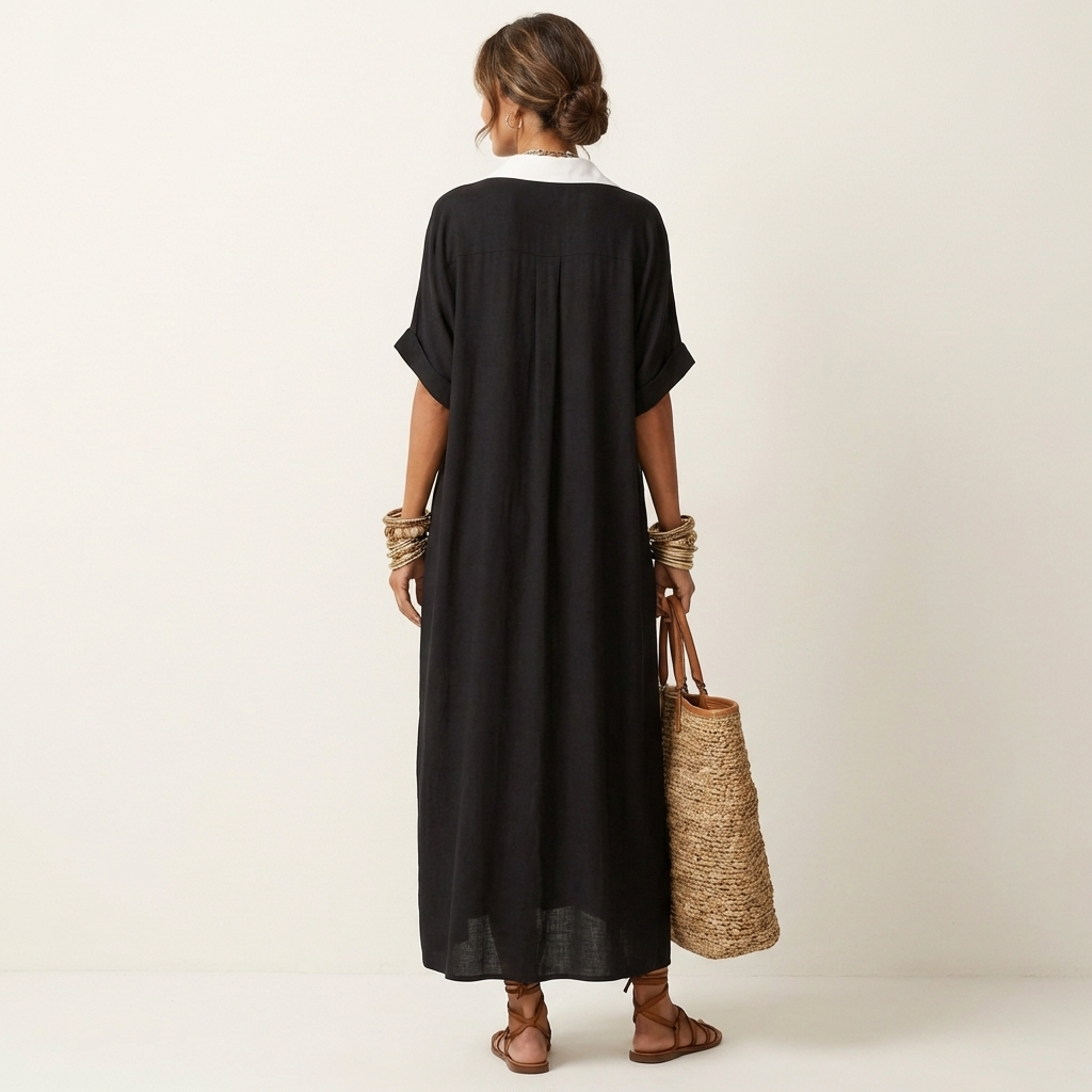 Kamira | Maxikleid im Hemdstil mit kontrastierendem Kragen, Knopfleiste und kurzen Ärmeln