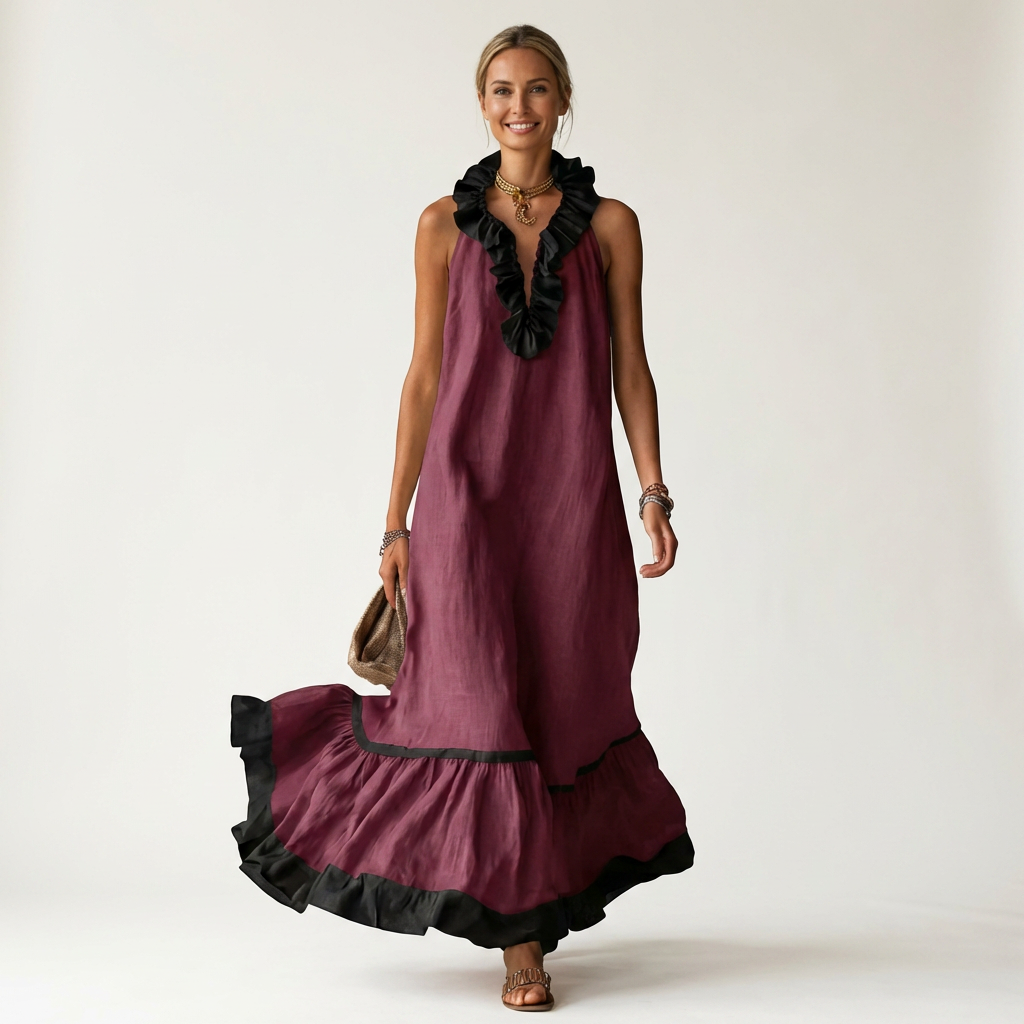 Mayline | Ärmelloses Maxikleid mit Rüschenausschnitt und Kontrastbesatz