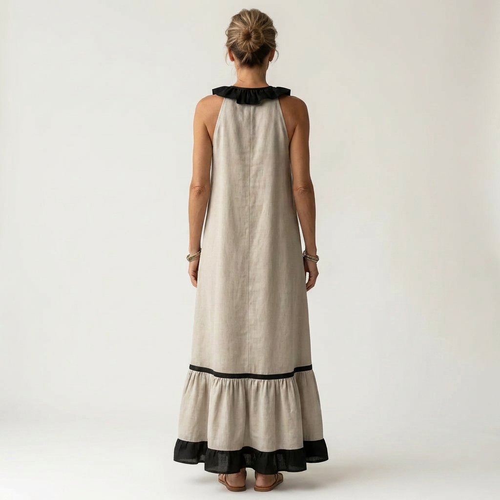 Mayline | Ärmelloses Maxikleid mit Rüschenausschnitt und Kontrastbesatz