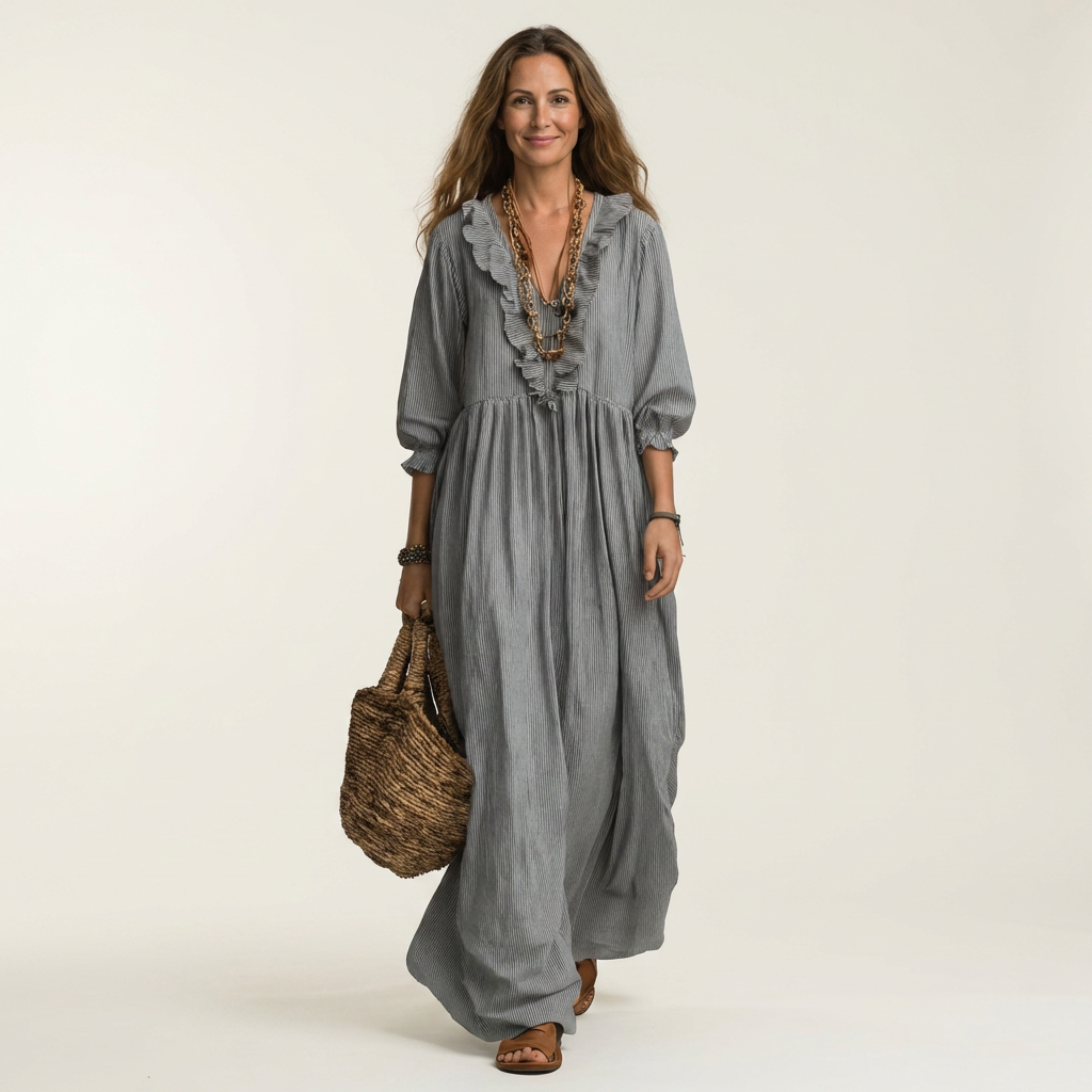 Yosetta | Gestreiftes Maxikleid mit Rüschen, V-Ausschnitt und Laternenärmeln