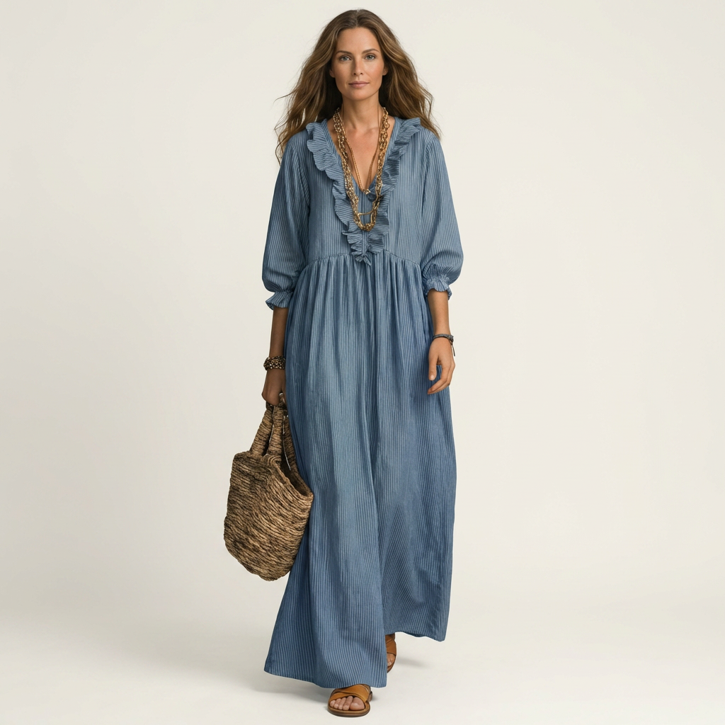 Yosetta | Gestreiftes Maxikleid mit Rüschen, V-Ausschnitt und Laternenärmeln